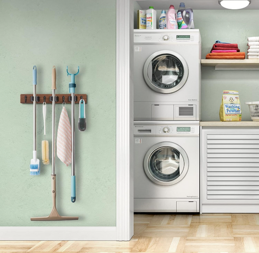 Mop broom holder wall mounted with 3 slots and 4 hooks for kitchen