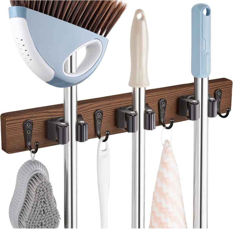 Mop broom holder wall mounted with 3 slots and 4 hooks for kitchen