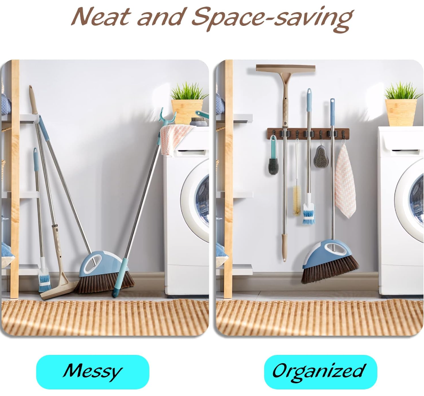 Mop broom holder wall mounted with 3 slots and 4 hooks for kitchen