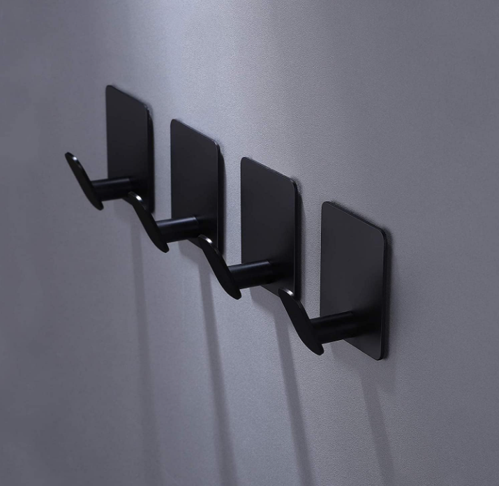 Adhesive Hooks - 4-Pack Towel/Coat Hooks Wall Hooks Matte Black Stainless Steel