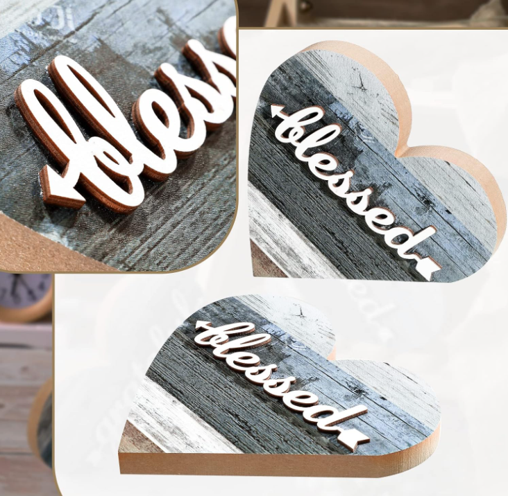 2 Pcs Rustic Wood Home Sign Farmhouse Love Wooden Heart Shaped Table