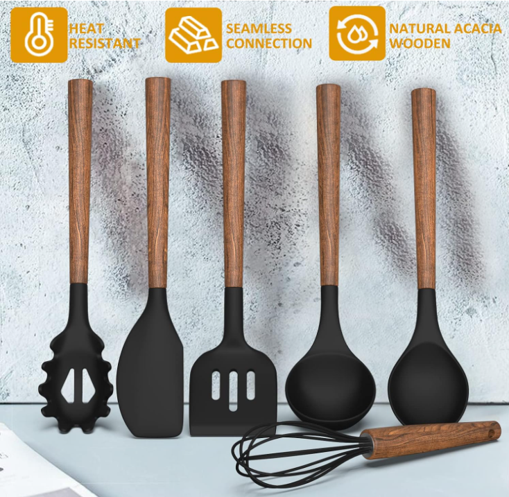 Silicone Cooking Utensil Set Umite Chef 8-Piece Kitchen Set with Wooden Handles