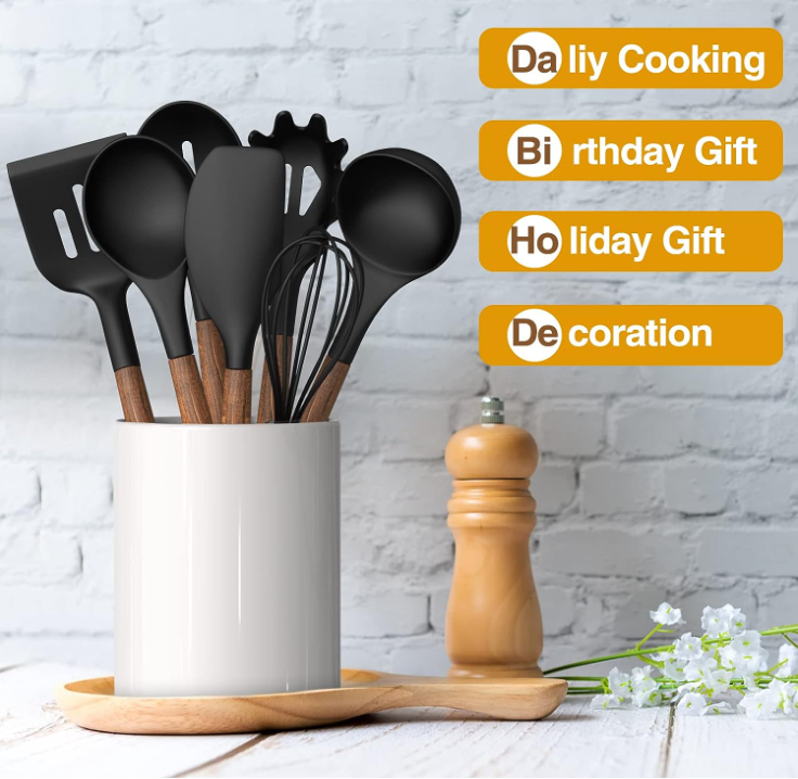 Silicone Cooking Utensil Set Umite Chef 8-Piece Kitchen Set with Wooden Handles