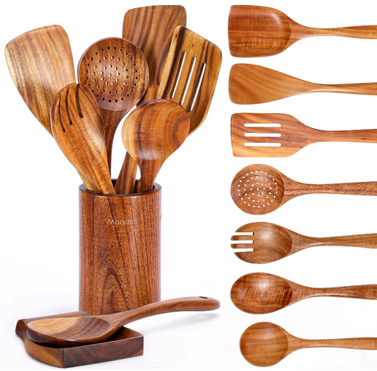 9 Piece Natural Teak Wooden Kitchen Utensil Set with Spoon Rest