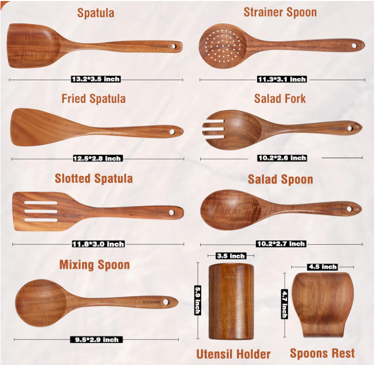 9 Piece Natural Teak Wooden Kitchen Utensil Set with Spoon Rest